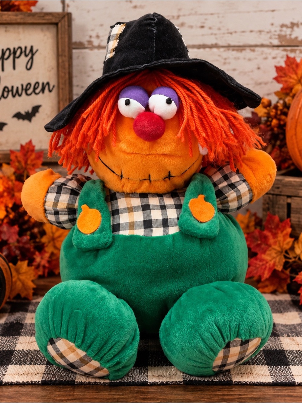 Vtg Fiesta Halloween Scarecrow Pumpkin Plush Doll Witch Hat Orange Hair 12”